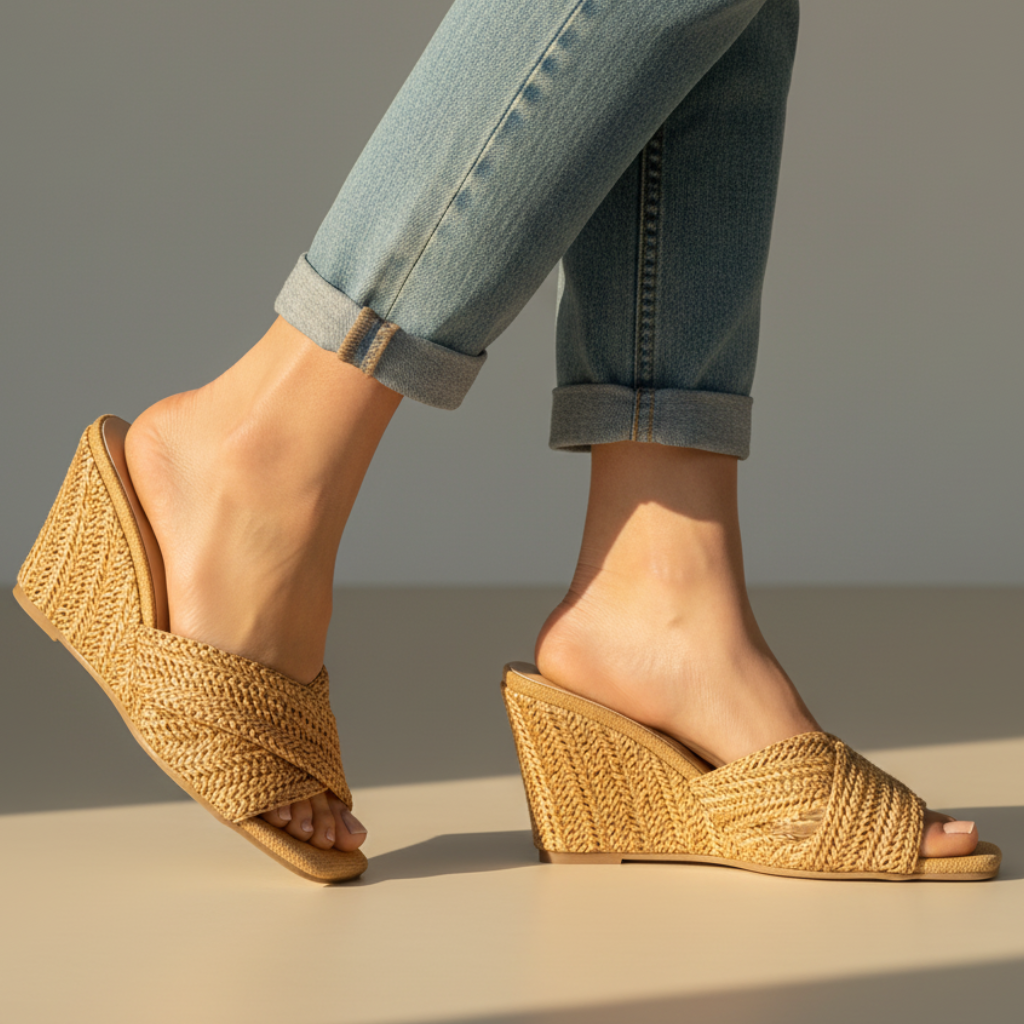 Women's Wedge Sandals Open-Toe Woven Strap Slip-On Mule