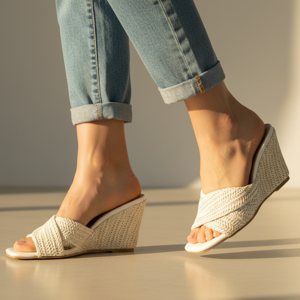 Women's Wedge Sandals Open-Toe Woven Strap Slip-On Mule