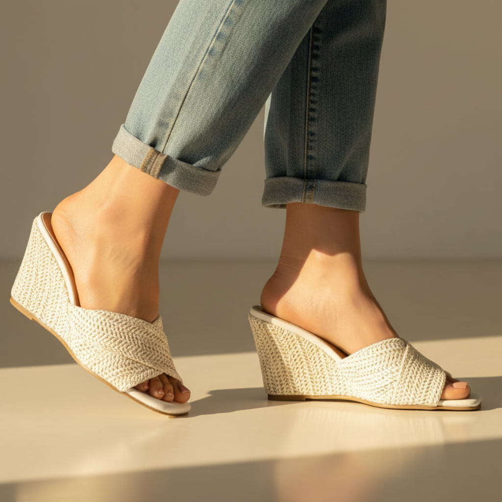 Women's Wedge Sandals Open-Toe Woven Strap Slip-On Mule