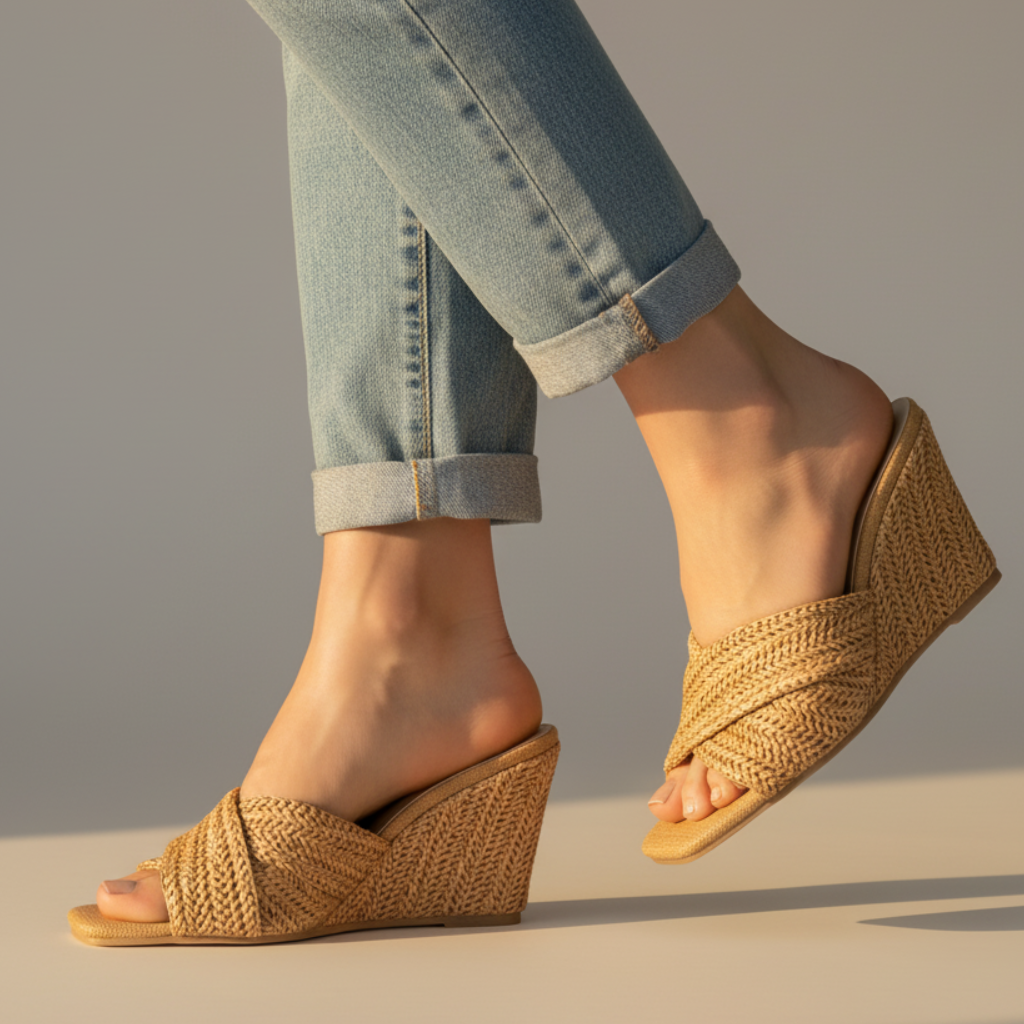Women's Wedge Sandals Open-Toe Woven Strap Slip-On Mule