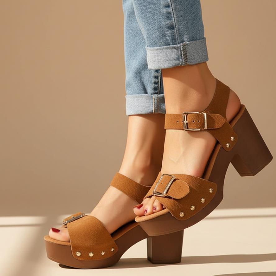 Women's Platform Heels Double Buckle Ankle Strap Block Heel Sandals