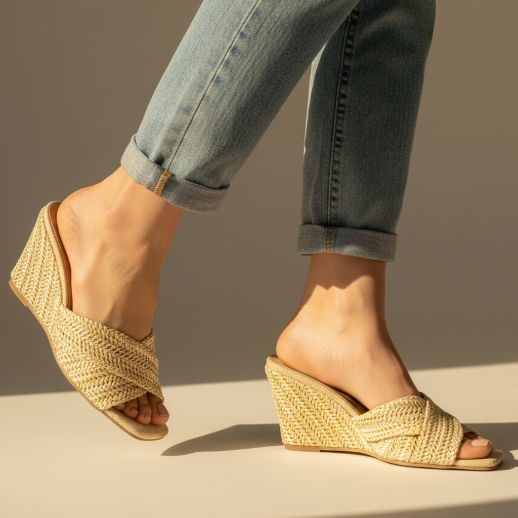Women's Wedge Sandals Open-Toe Woven Strap Slip-On Mule