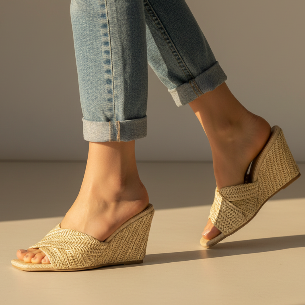 Women's Wedge Sandals Open-Toe Woven Strap Slip-On Mule