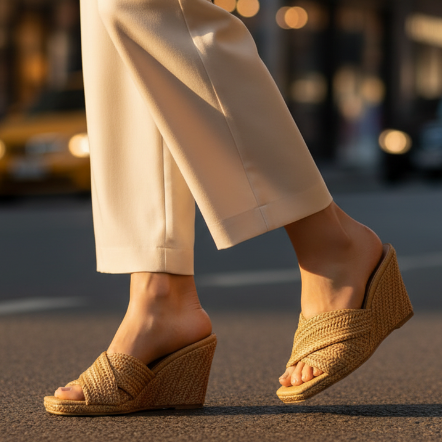 Women's Wedge Sandals Open-Toe Woven Strap Slip-On Mule