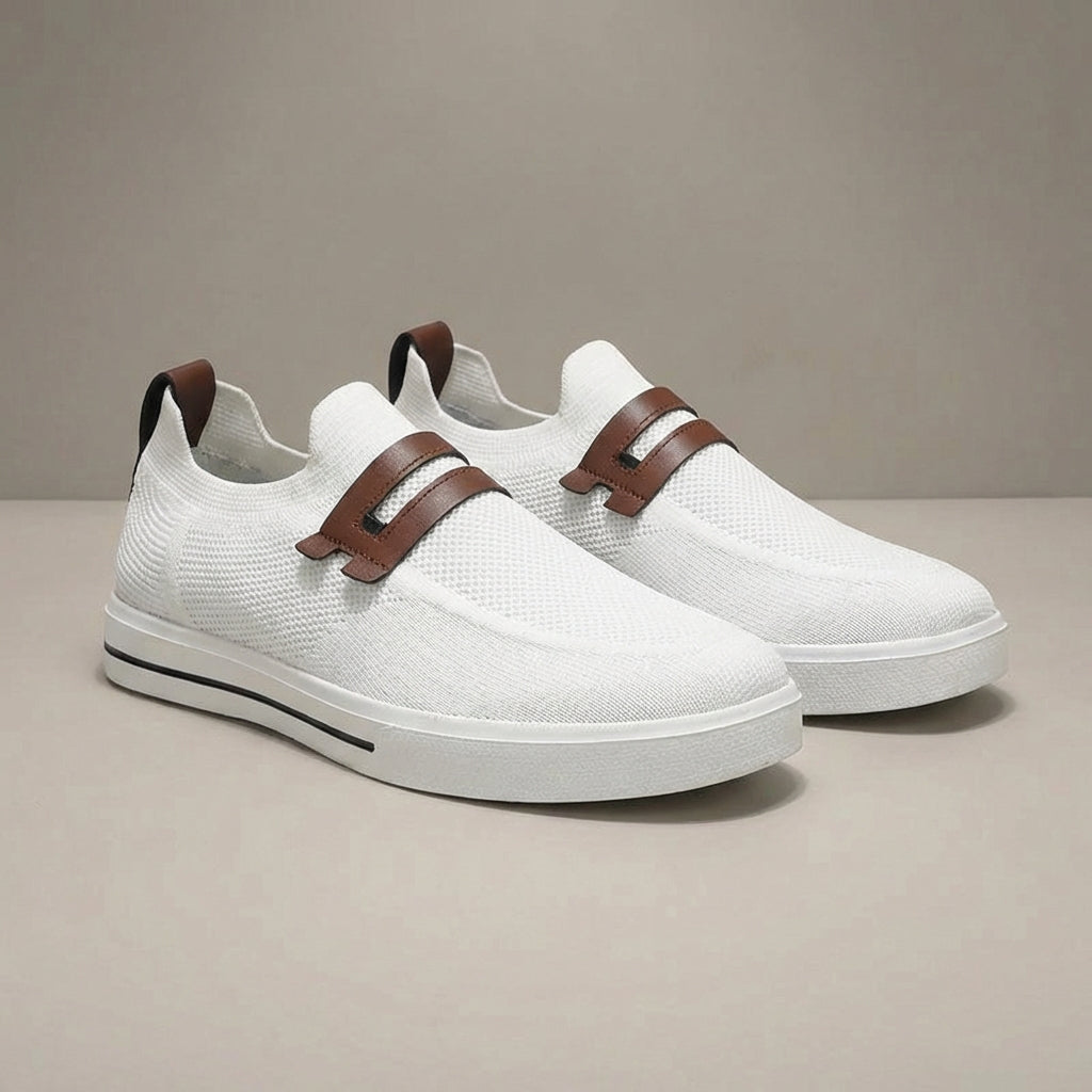 Men’s Round Toe Slip-On Faux Leather Knit Sneakers with Strap Detail