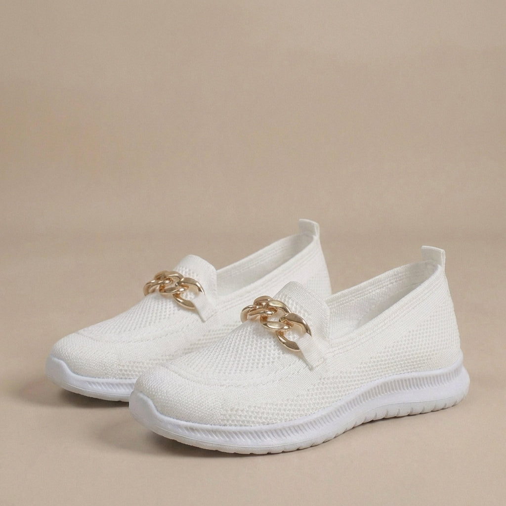 Women’s Rounded Toe Slip-On Loafers with Chain Hardware Detail and Textured Sole