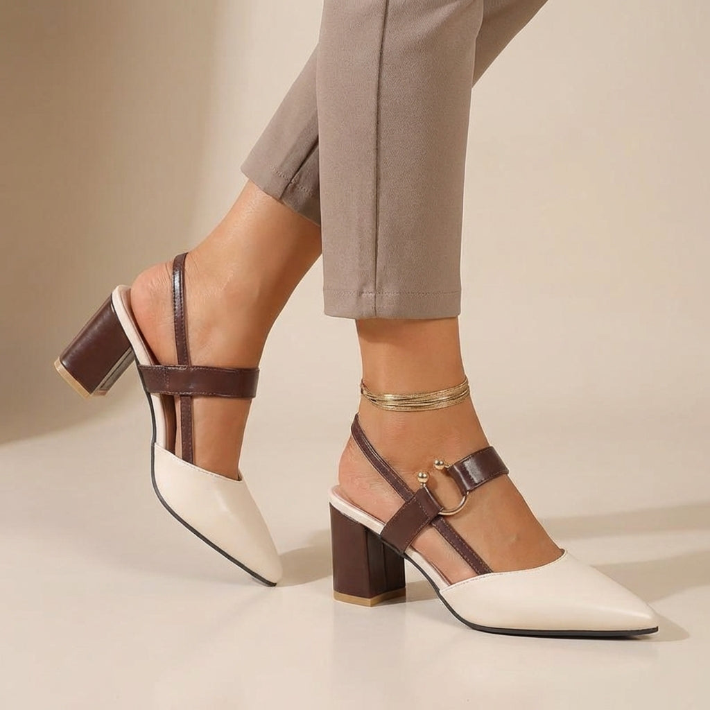 Women’s Pointed Toe Slingback Heeled Shoes with Block Heel and Strap Detail