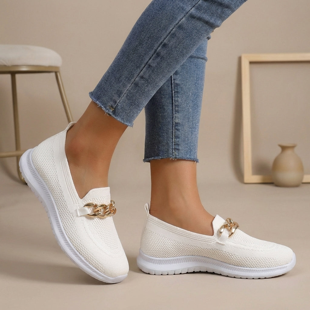 Women’s Rounded Toe Slip-On Loafers with Chain Hardware Detail and Textured Sole