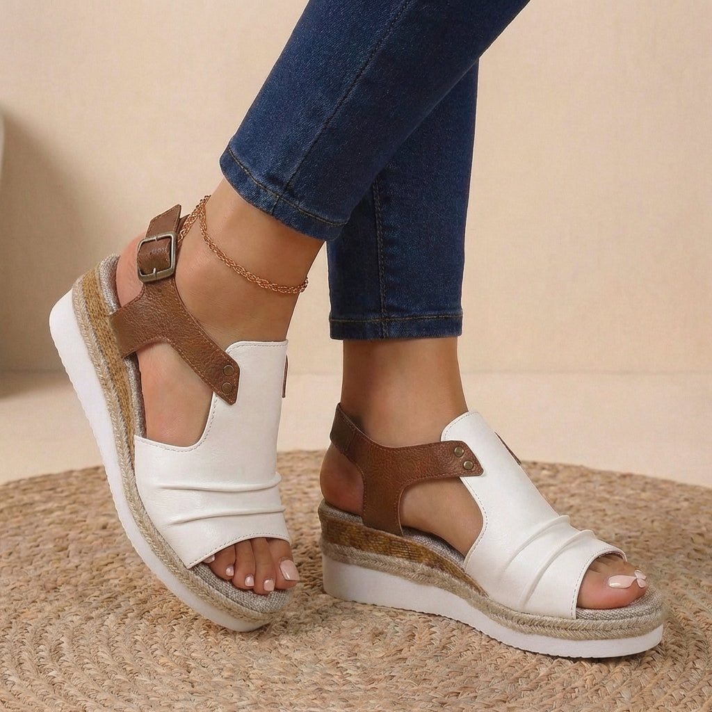 Women's Peep Toe Wedge Sandals - T-Strap Cutout Vamp - Slingback Buckle Strap - Espadrille Platform Sole