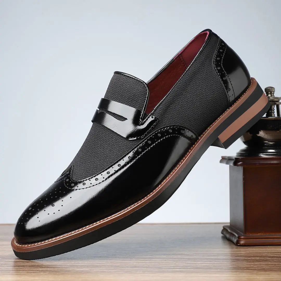 Men's Brogue Detail Slip-On Penny Loafers with Mixed Materials