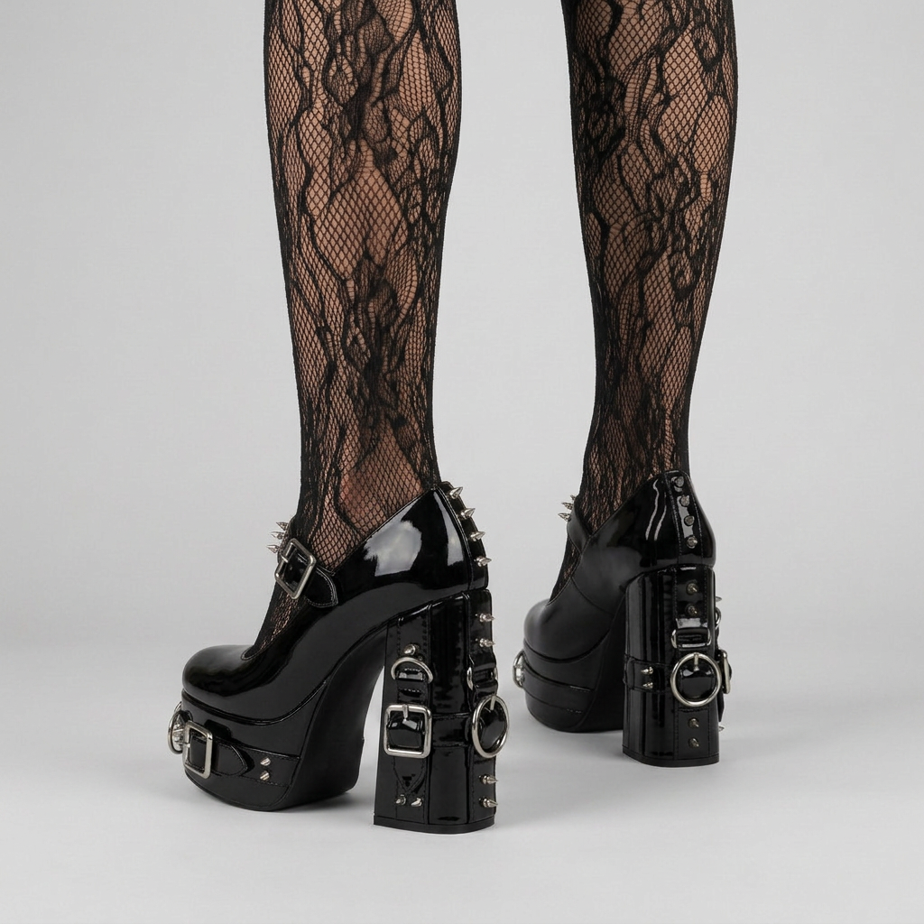 Women’s Platform Gothic High Heels with Studded Strap and Buckle Detail