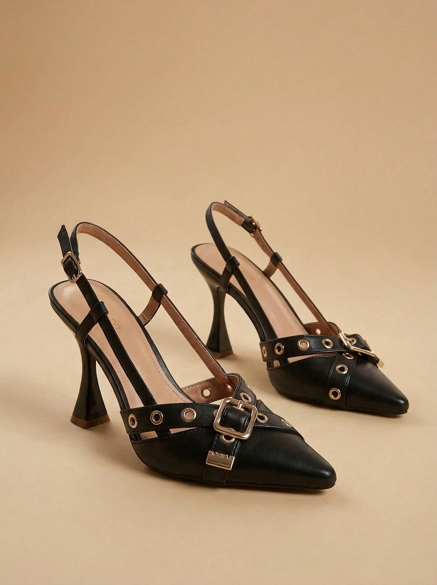 Women’s Pointed Toe Slingback Heels with T-Strap Buckle and Flared Heel