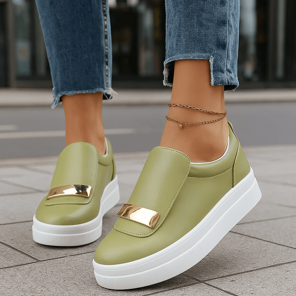 Women's Leather Slip-On Platform Shoes - Metal Hardware Detail