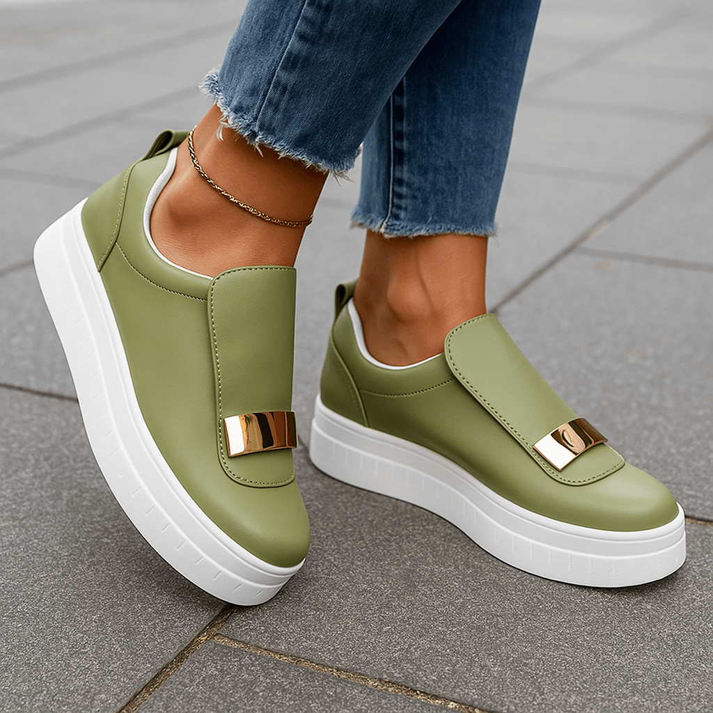 Women's Leather Slip-On Platform Shoes - Metal Hardware Detail