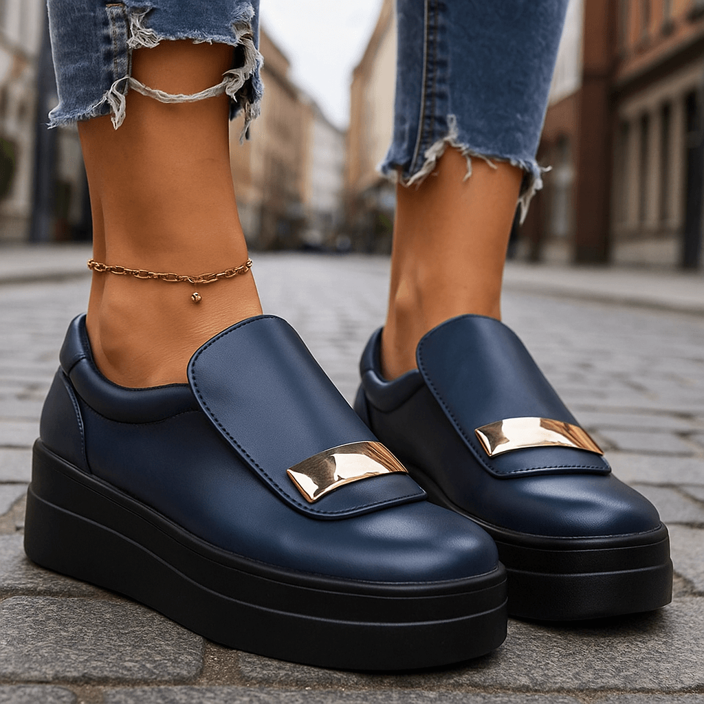 Women's Leather Slip-On Platform Shoes - Metal Hardware Detail
