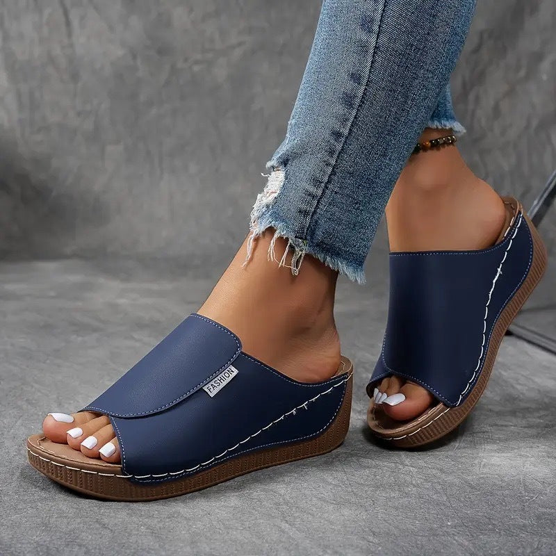Women's Open Toe Slide Sandals - Wide Band - Wedge Platform Sole