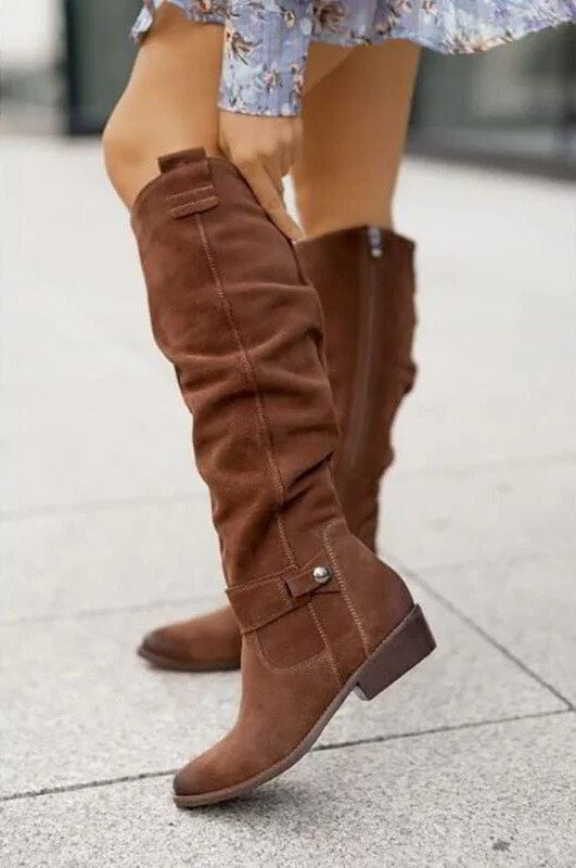 Women’s Knee-High Slouch Boots with Low Block Heel and Pull-On Design - Western Boots