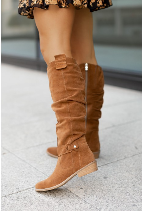 Women’s Knee-High Slouch Boots with Low Block Heel and Pull-On Design - Western Boots