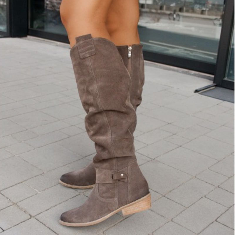 Women’s Knee-High Slouch Boots with Low Block Heel and Pull-On Design - Western Boots