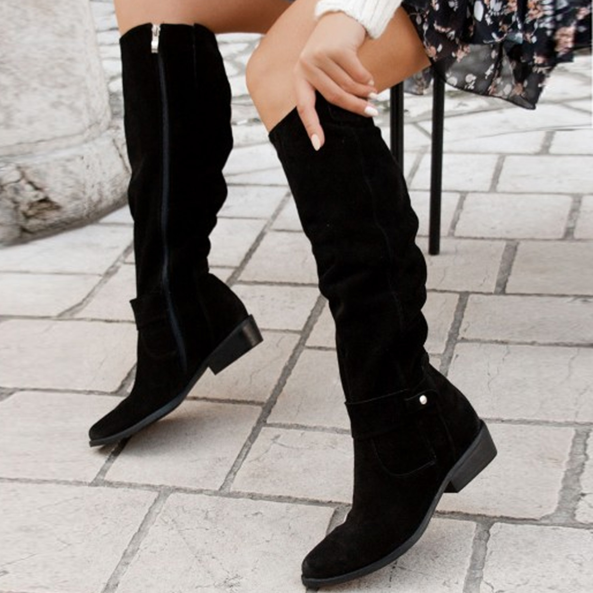 Women’s Knee-High Slouch Boots with Low Block Heel and Pull-On Design - Western Boots