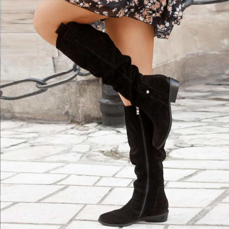 Women’s Knee-High Slouch Boots with Low Block Heel and Pull-On Design - Western Boots