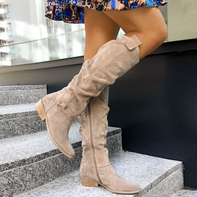 Women’s Knee-High Slouch Boots with Low Block Heel and Pull-On Design - Western Boots
