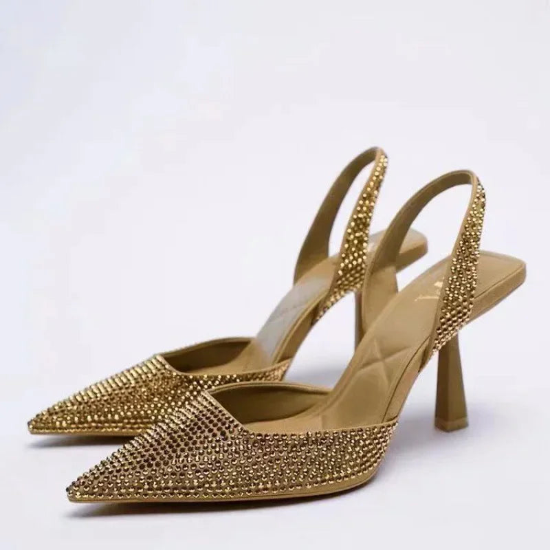 Women’s Pointed-Toe Slingback Heels with Stiletto Heel and Embellished Upper