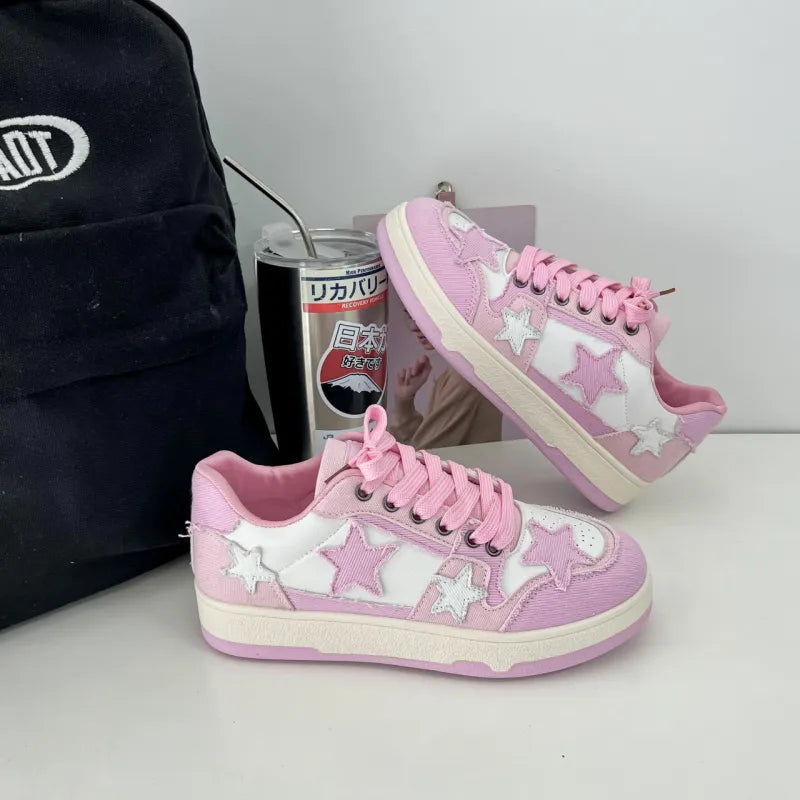 Women’s Star Pattern Casual Sneakers - Lace-Up Denim Style - Low Top Street Shoes