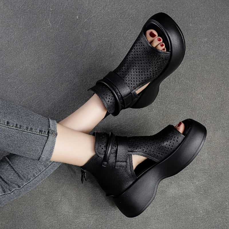 Women’s Open Toe Platform Sandals with Perforated Upper and Ankle Strap