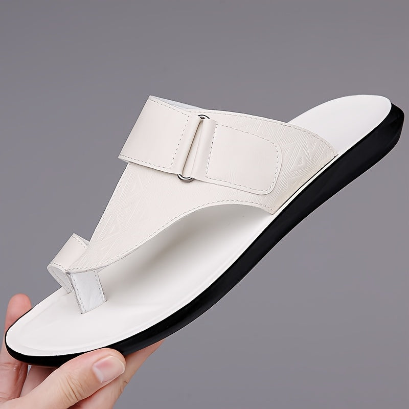 Men's Open Toe Leather Sandals – Toe Loop Slip-On with Geometric Embossed Strappy