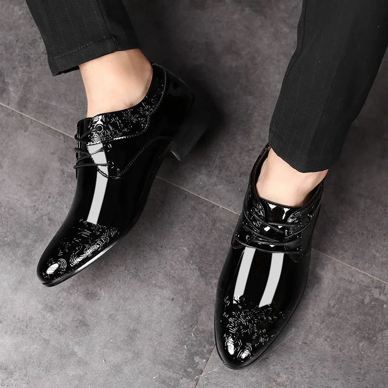 Men's Oxford Dress Shoes - Pointed Toe - Patent Upper - Embossed Detail - Black