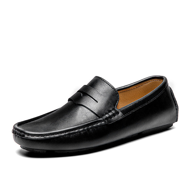 Men's Leather Penny Loafers with Rounded Toe and Rubber Sole
