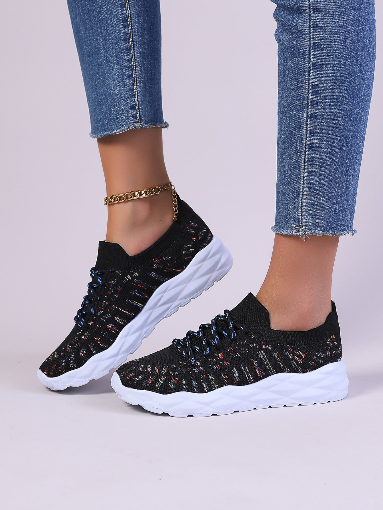 Women's Lace-Up Knit Mesh Sneakers - Round Toe - Sock Collar - Chunky Sole