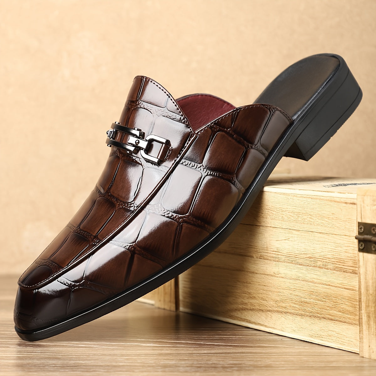 Men’s Mule Loafers with Croc Pattern - Slip-On Backless Design - Metal Bit Detail
