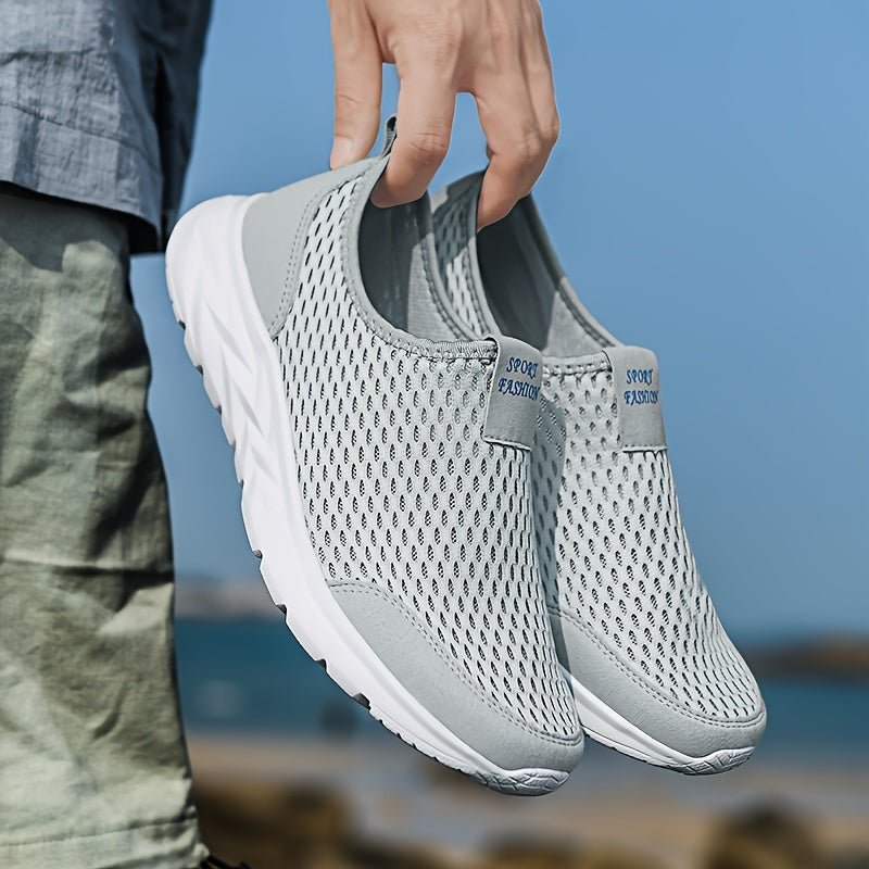 Men's Mesh Knit Slip-On Low-Top Sneakers - Pull Tab - White Sole