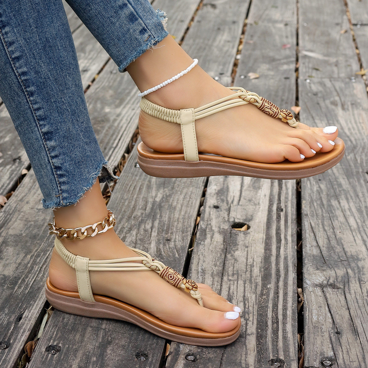 Women's Flat Thong Sandals – T-Strap Braided Elastic Slingback with Carved Bead Detail