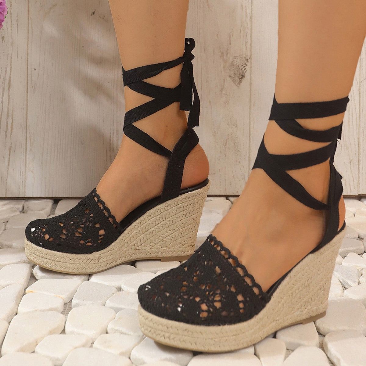 Women's Strappy Espadrille Wedge Sandals – Closed Toe Crochet Ankle Tie
