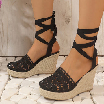 Women's Strappy Espadrille Wedge Sandals – Closed Toe Crochet Ankle Tie