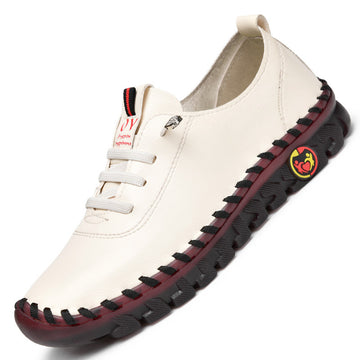 Women's Lace-Up Leather Casual Shoes - Round Toe - Moccasin Stitch Sole - Flat