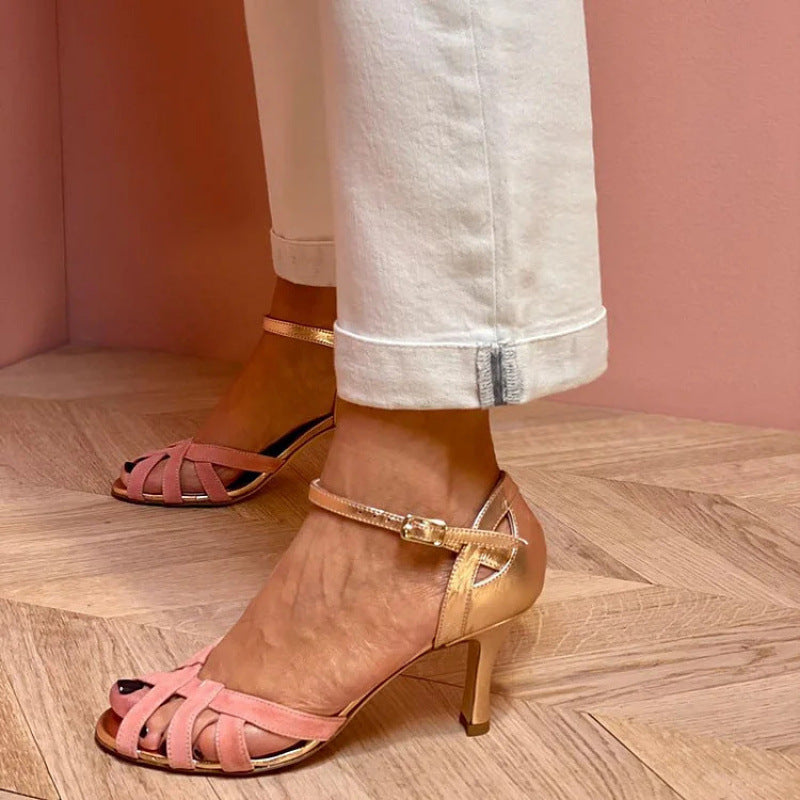 Women's Strappy Open-Toe Stiletto Sandals - Interlaced Cage - Ankle