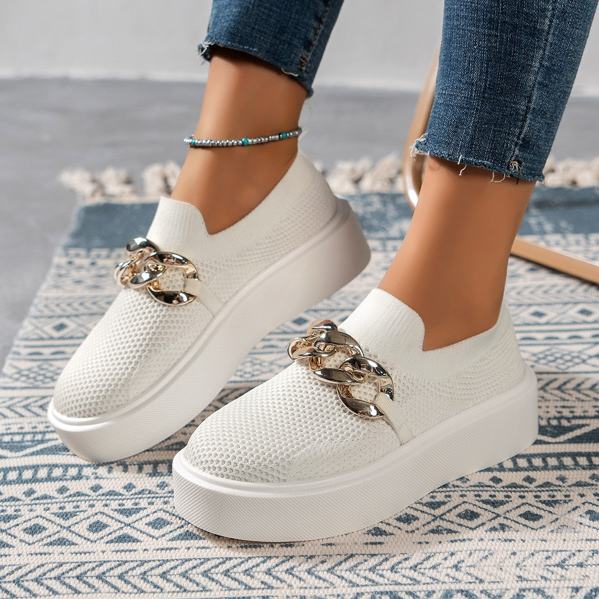 Women's Platform Sneakers – Round Toe Slip-On Knit with Chain Hardware