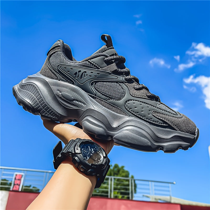Men's Leather Chunky Sneakers - Lace-Up Design - Mesh Panels - Thick Sculpted Sole