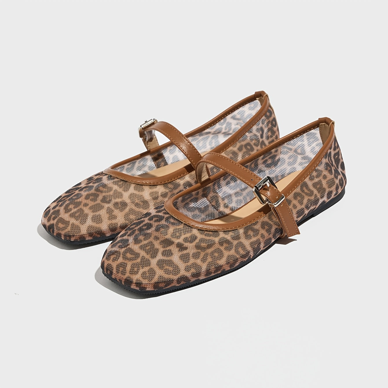 Women's Mary Jane Flats – Square Toe Buckle Strap Mesh Upper with Leopard Print