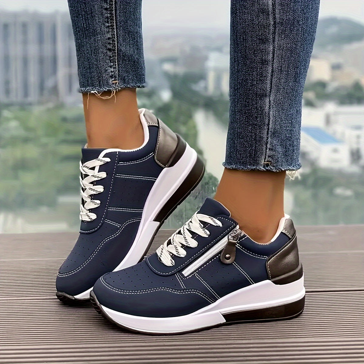 Women’s Lace-Up Sneakers with Side Zipper and Rounded Toe