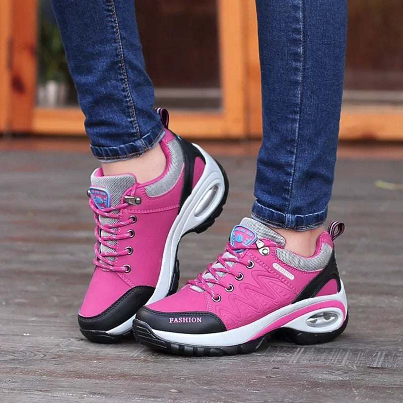 Women's Lace-Up Platform Sneakers with Leather Upper and Air Cushion Sole