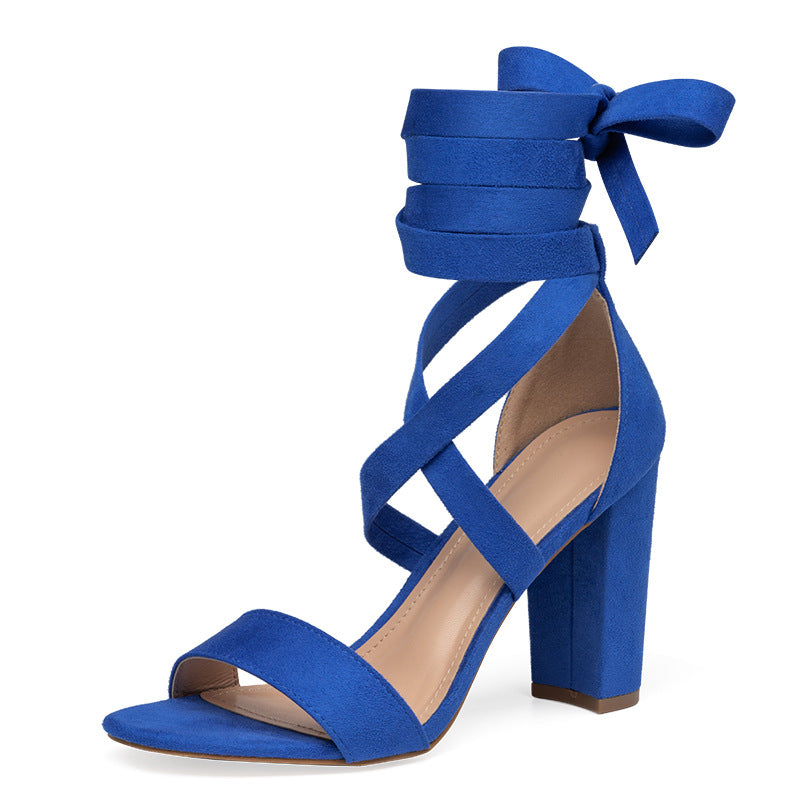 Women's Strappy Block Heel Sandals – Open Toe Ankle Lace-Up Tie Suede