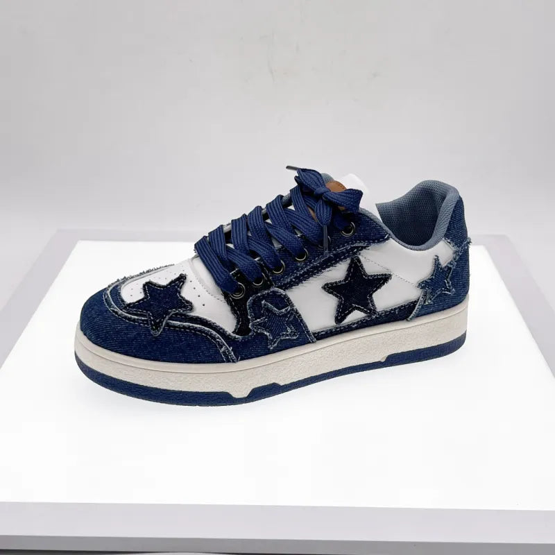 Women’s Star Pattern Casual Sneakers - Lace-Up Denim Style - Low Top Street Shoes