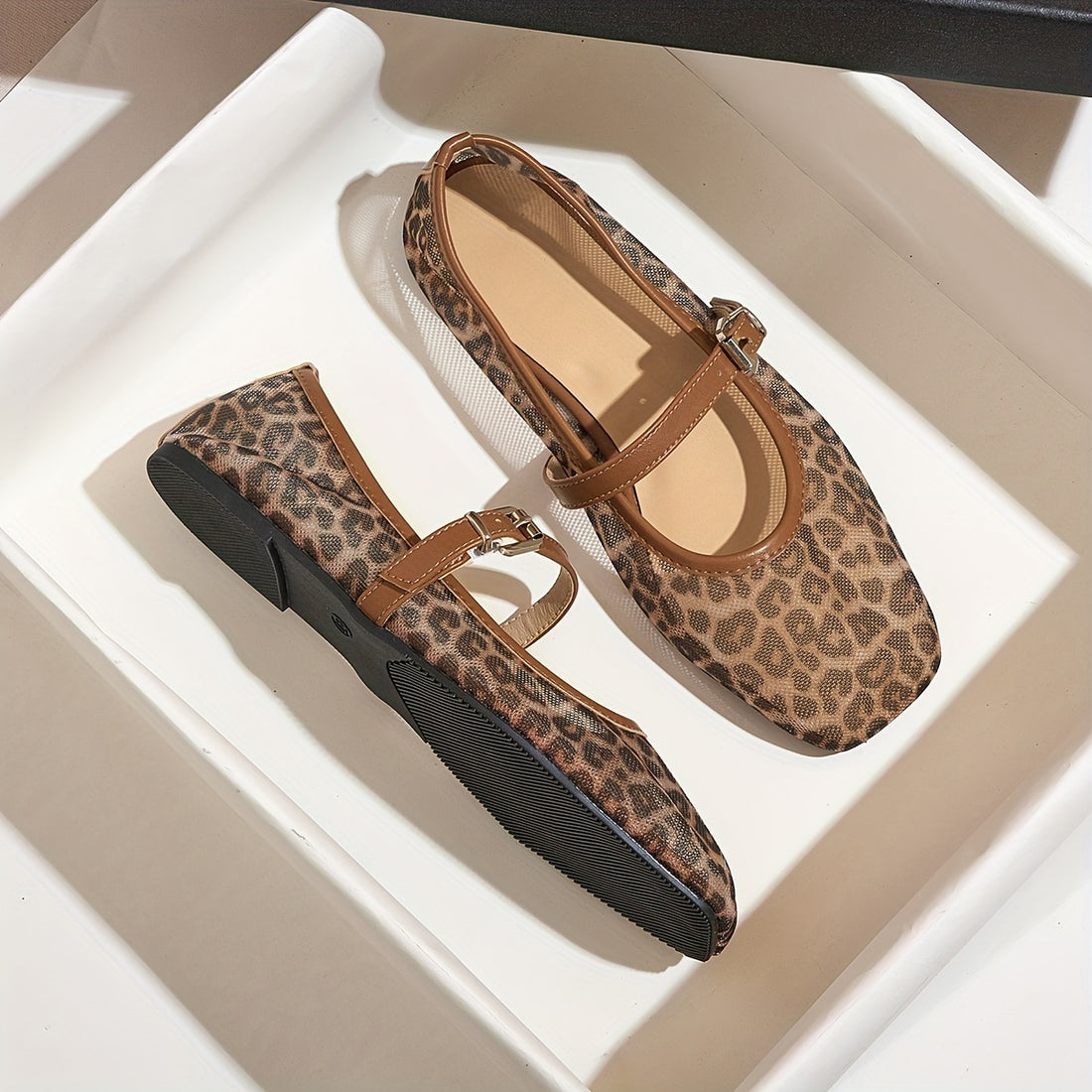 Women's Mary Jane Flats – Square Toe Buckle Strap Mesh Upper with Leopard Print