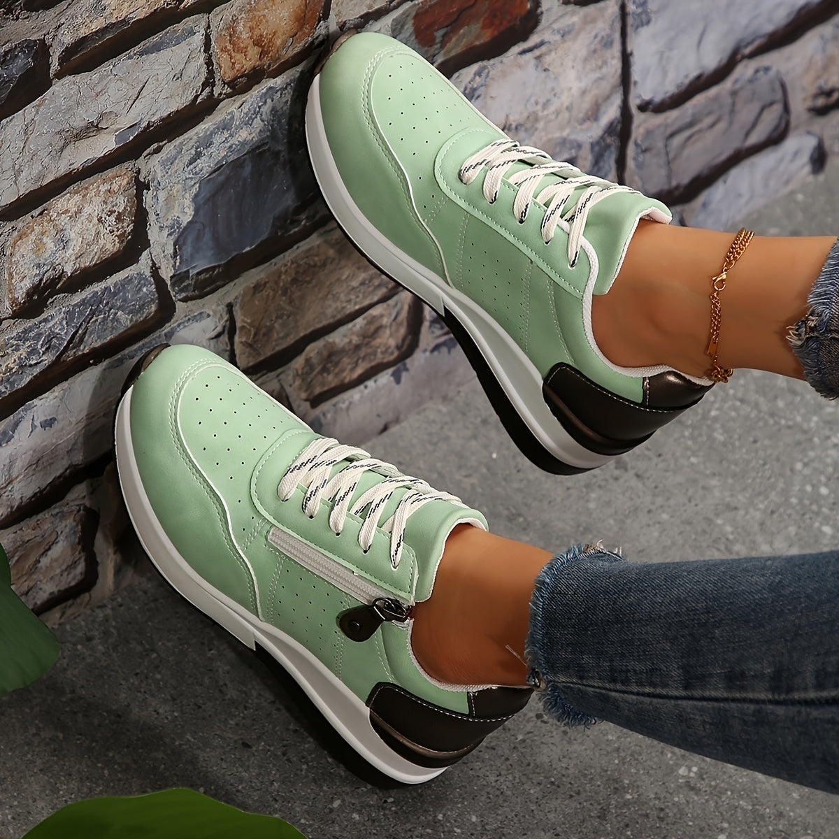 Women’s Lace-Up Sneakers with Side Zipper and Rounded Toe
