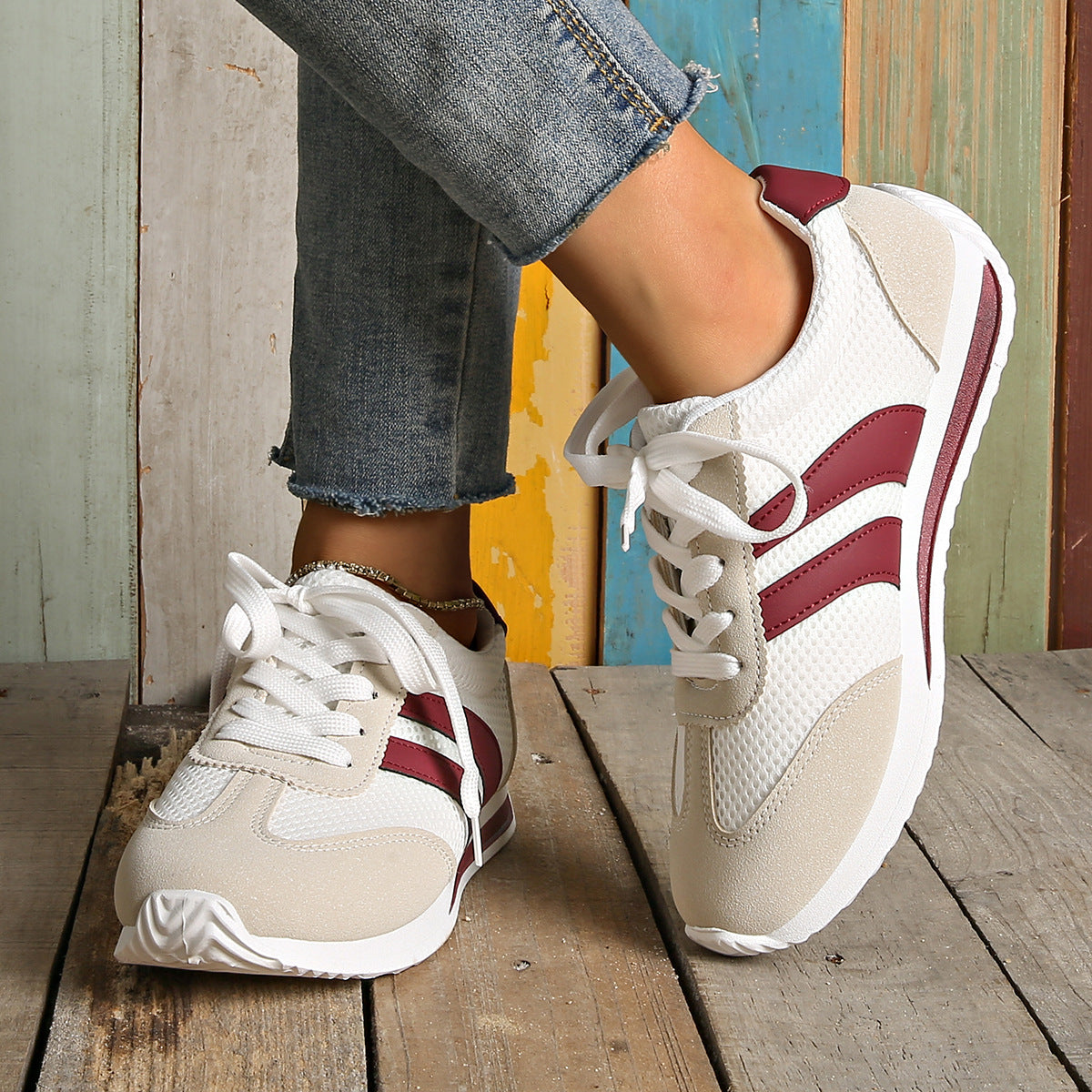 Women's Casual Sneakers – Lace-Up Low Top Mesh Upper with Stripe Panel